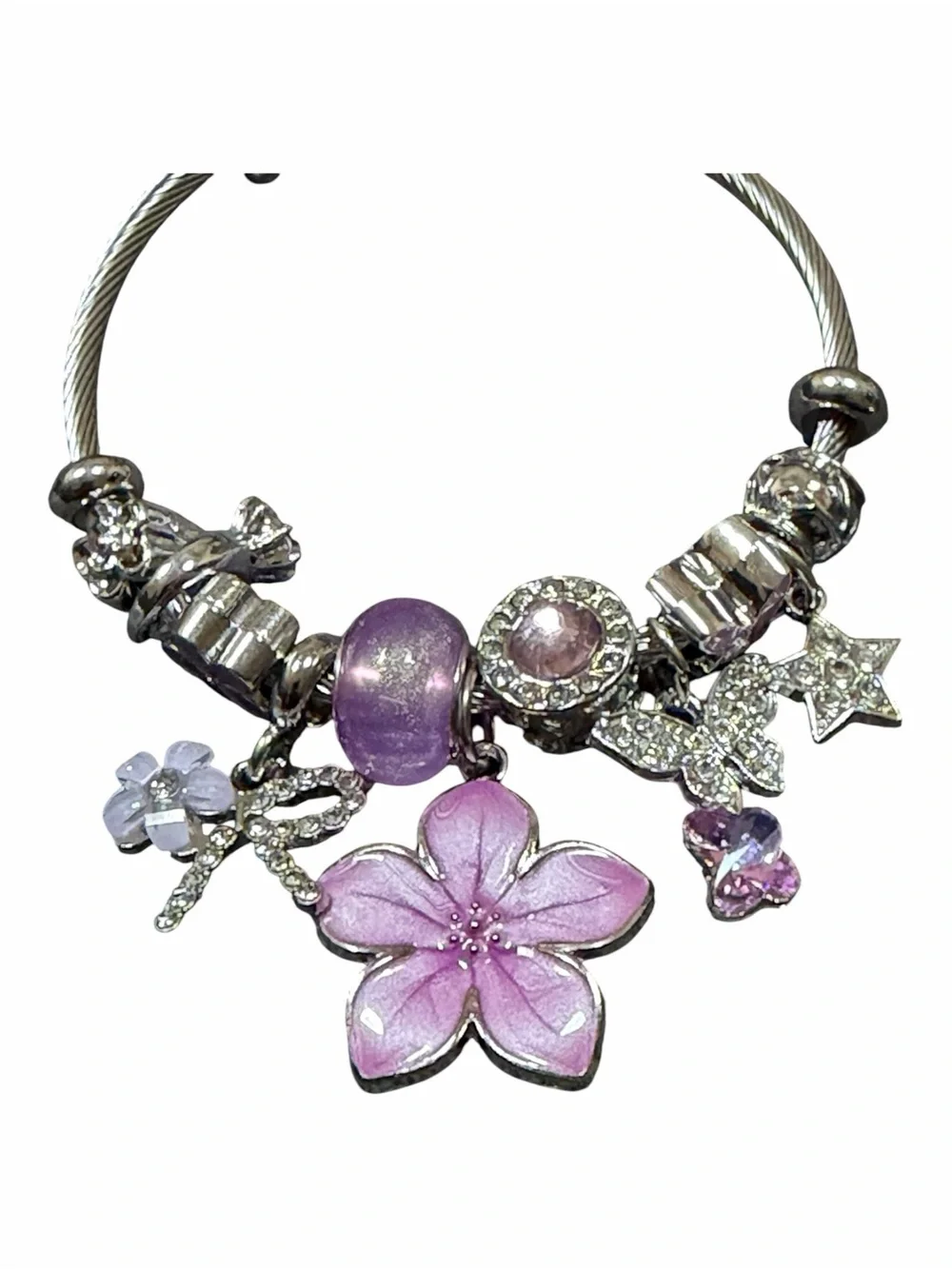 Silver-Tone Purple Flower Charm Twisted Bangle
